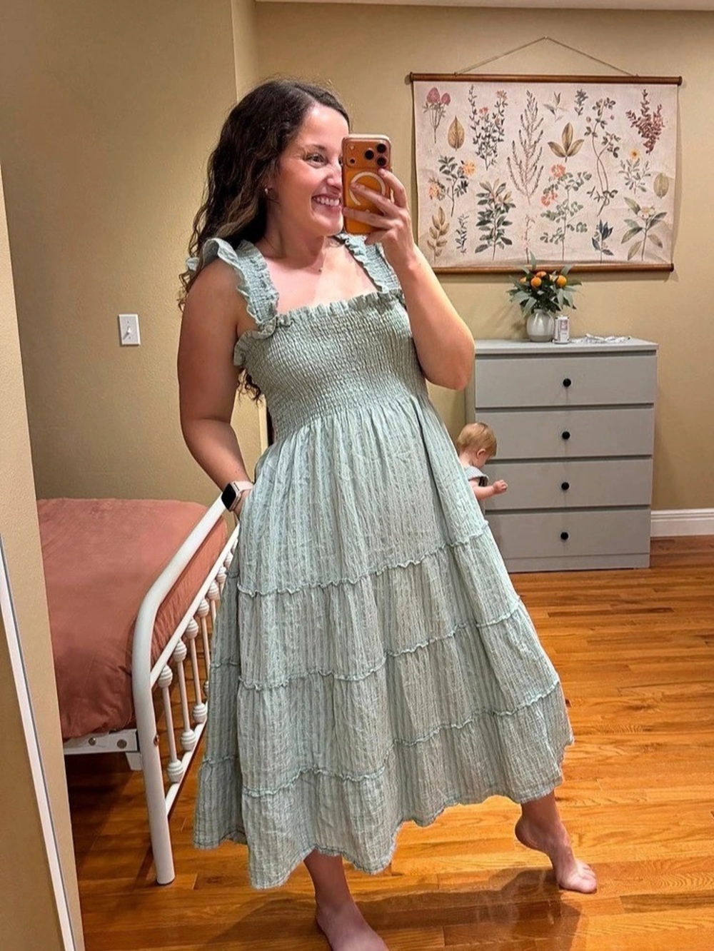 Hill House Home The Ellie Nap Dress Tiered Midi Dress in Light Green Size Large - Picture 2 of 14